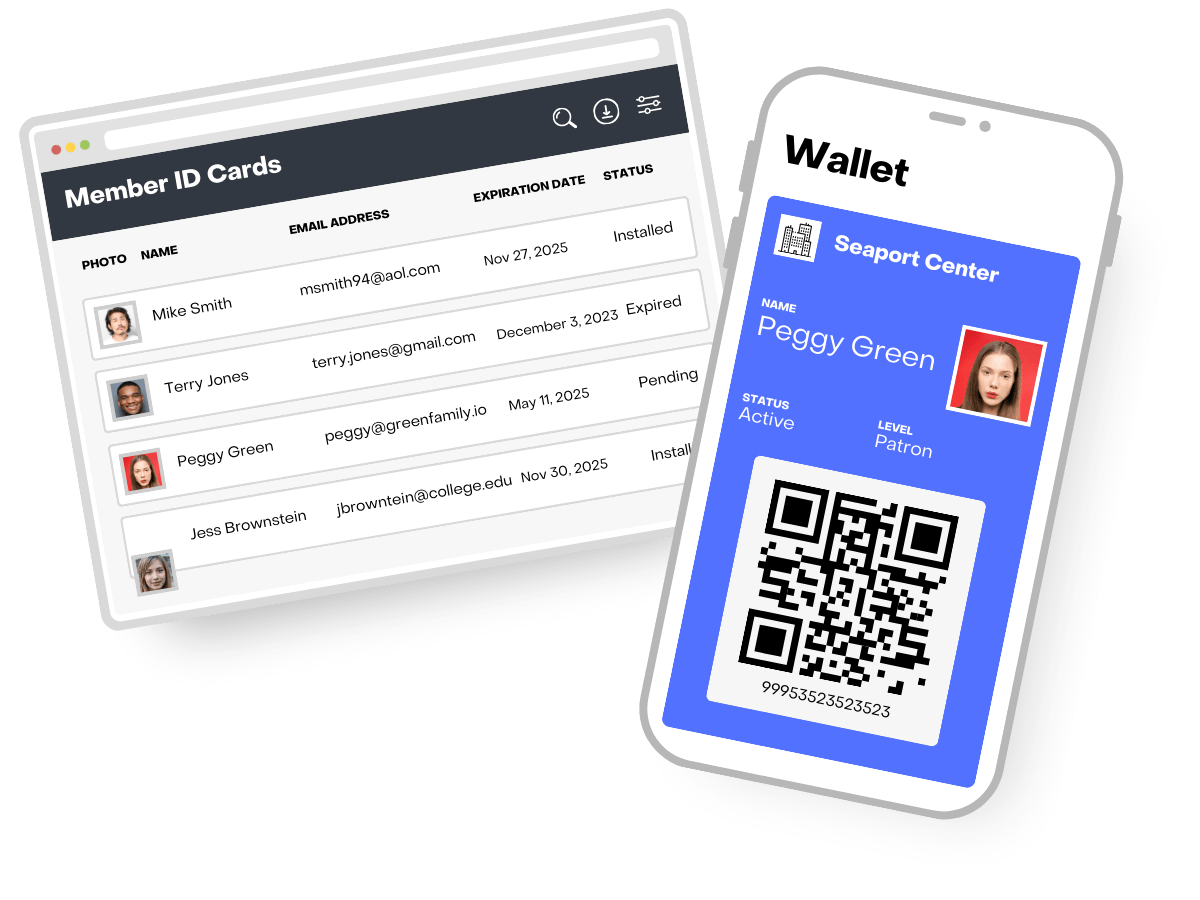 Screenshot of membership management dashboard and mobile id card